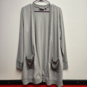 Belle by Kim Gravel Sequin Pocket Brushed Knit Duster Cardigan Large Size